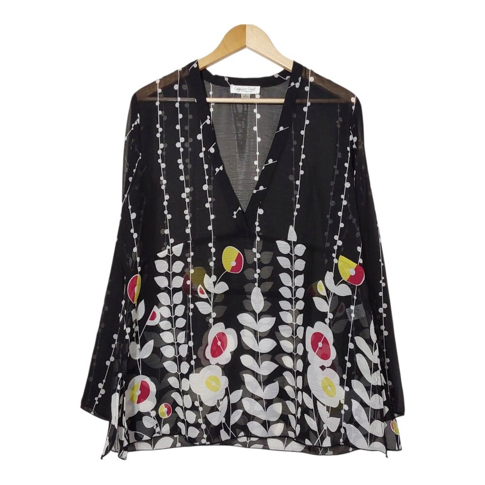 Coldwater Creek V-Neck Tunic Top Black Semi-Sheer Floral Crepe Great Cond - L - Picture 2 of 11